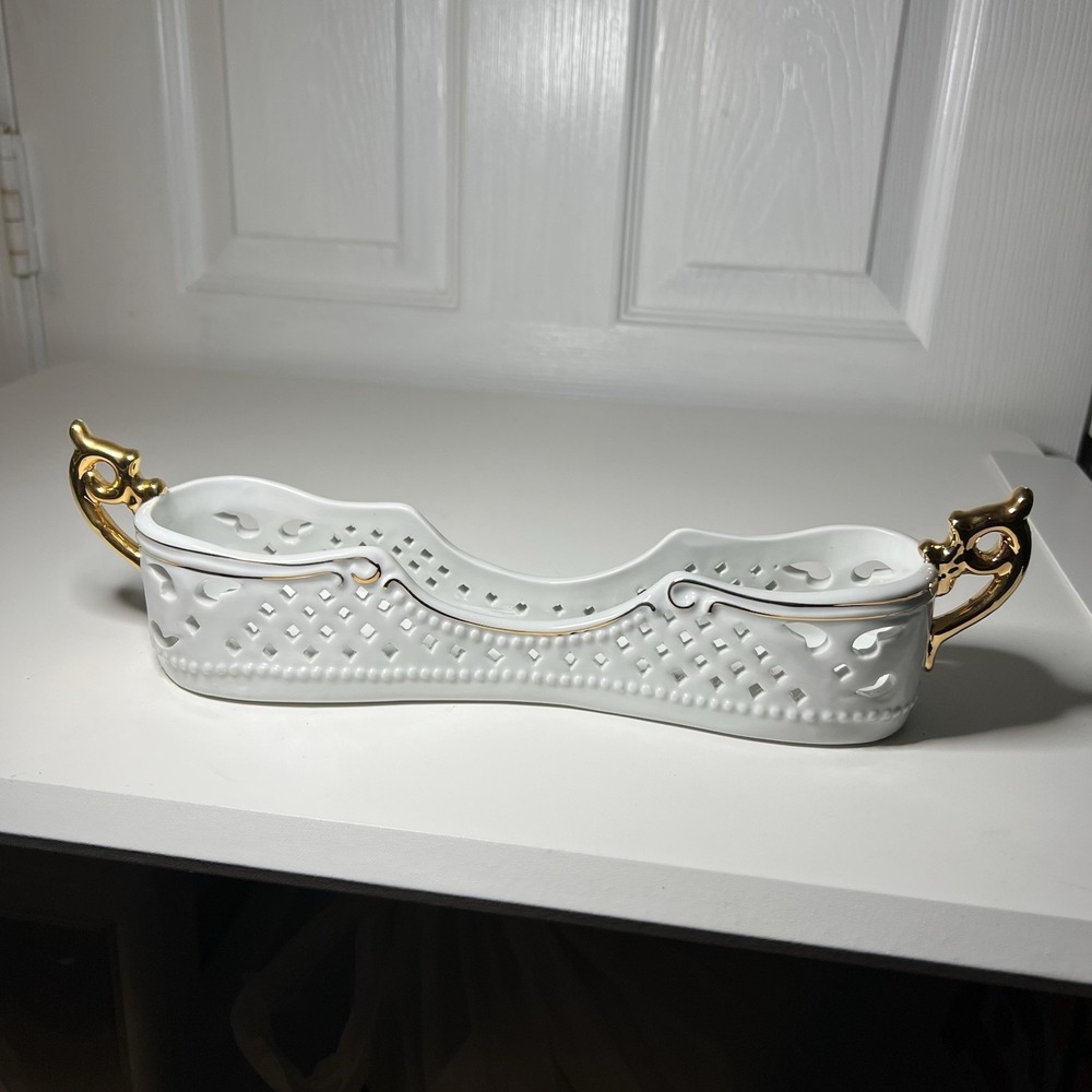 Museum ReCreations Porcelain Flatware Caddy‎ Silverware 24kt Gold Trim 10.75"L
